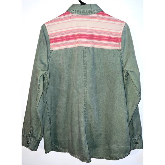 Maurices Women's Size 0 Button-Up Long Sleeve Shirt Olive & Pink Striped Yoke - Picture 2 of 3